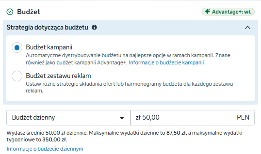 Strategia budżetu kampanii Advantage+ w Meta Ads Manager