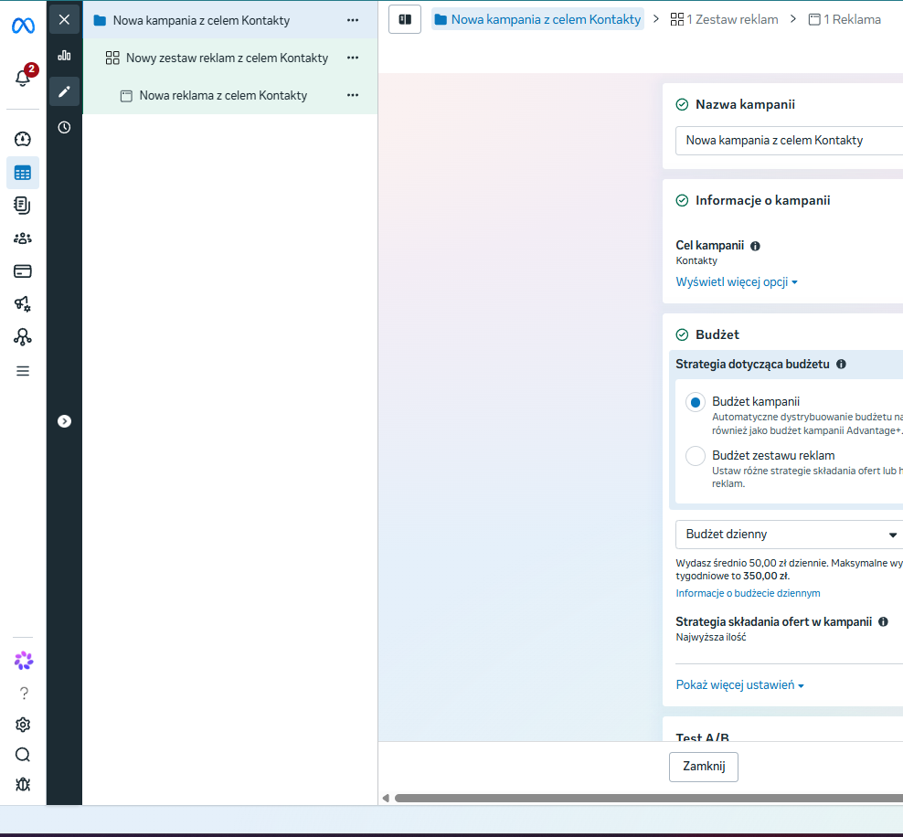 Kampania Advantage+ w panelu Meta Ads Manager