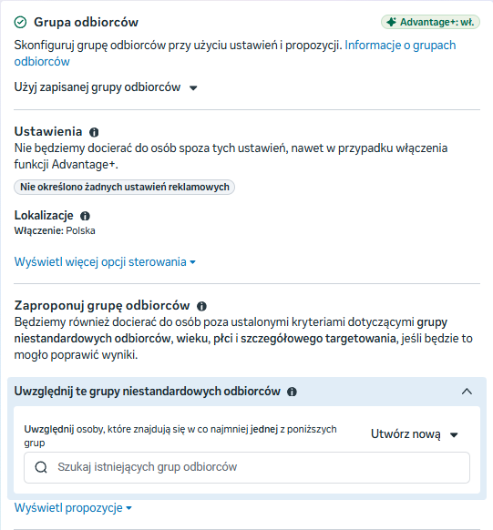Ustawienia grupy odbiorców z włączoną funkcją Advantage+ w Meta Ads