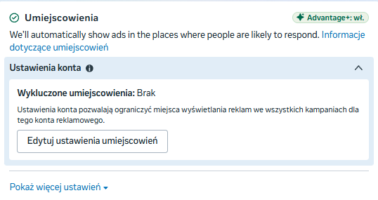 Automatyczne umiejscowienia reklam Advantage+ w panelu Meta Ads