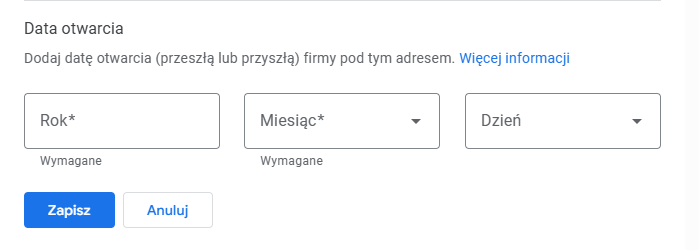 Data otwarcia firmy w Google My Business