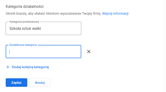 Dodatkowe kategorie firmy w Google My Business