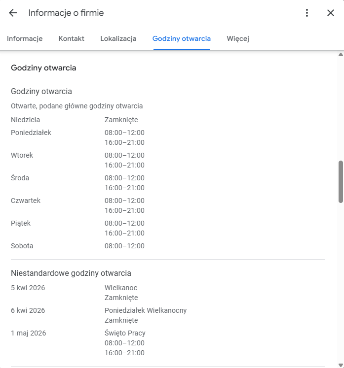 Godziny otwarcia firmy w panelu Google My Business