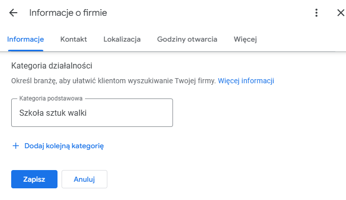 Wybór głównej kategorii firmy w Google My Business