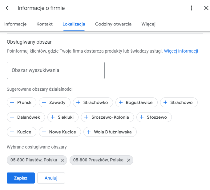 Obsługiwany obszar firmy w Google My Business
