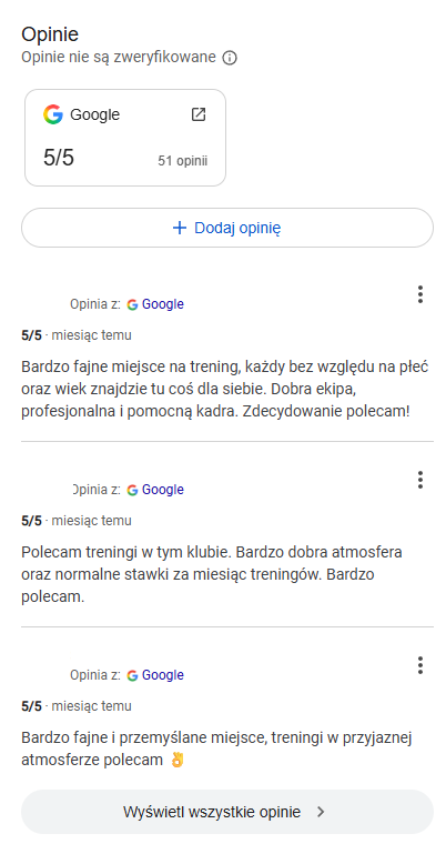 Opinie klientów w wizytówce Google Moja Firma