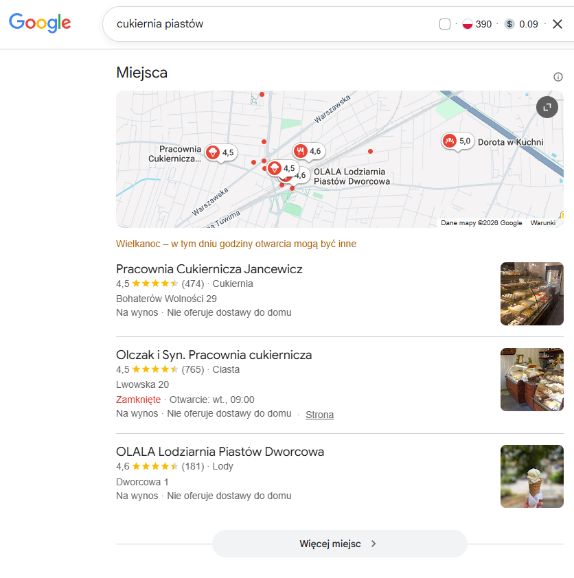 Wyniki wyszukiwania Google dla lokalnych usług